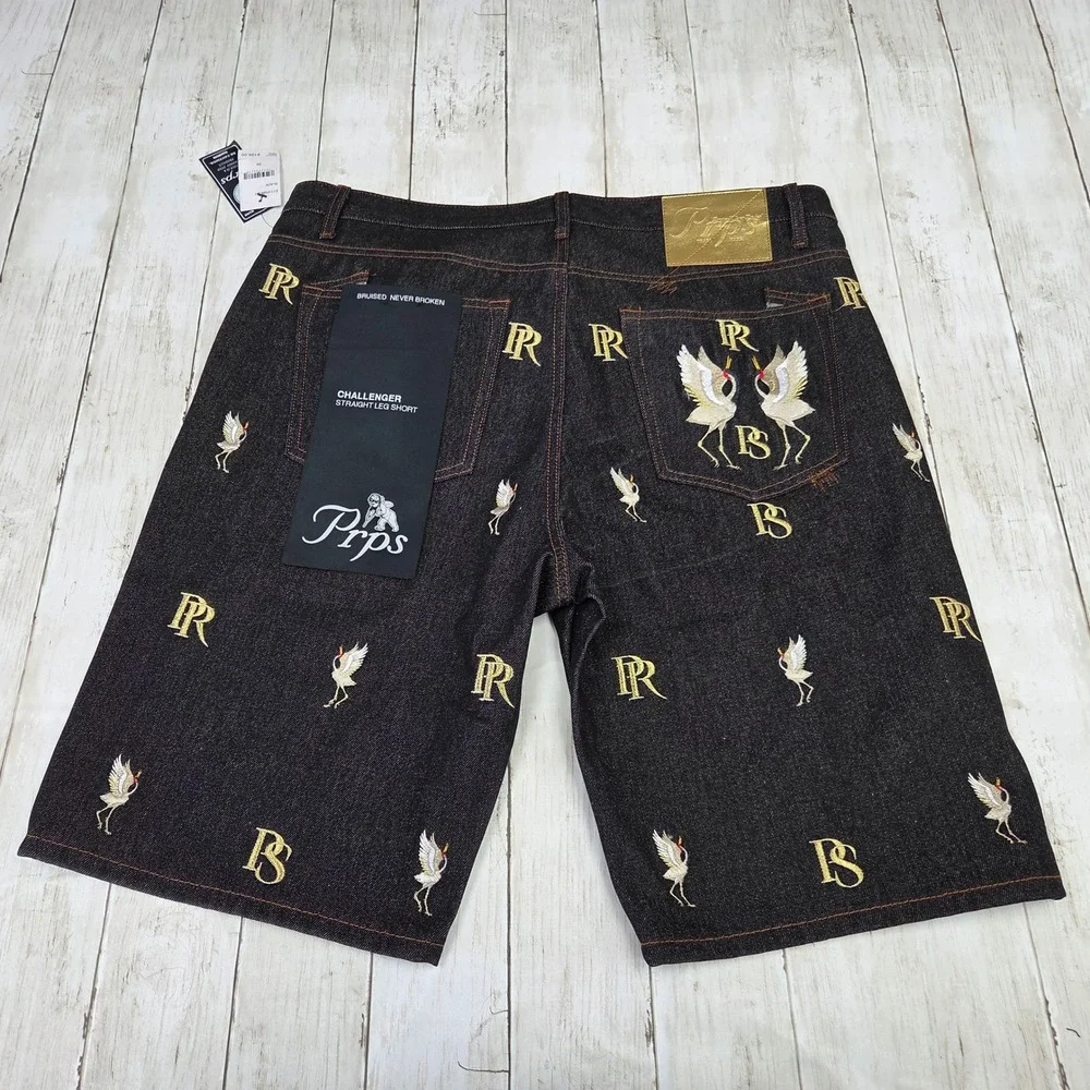 Sz‎ 38 Men PRPS Demin Shorts Black Gold E111P56ESH - New